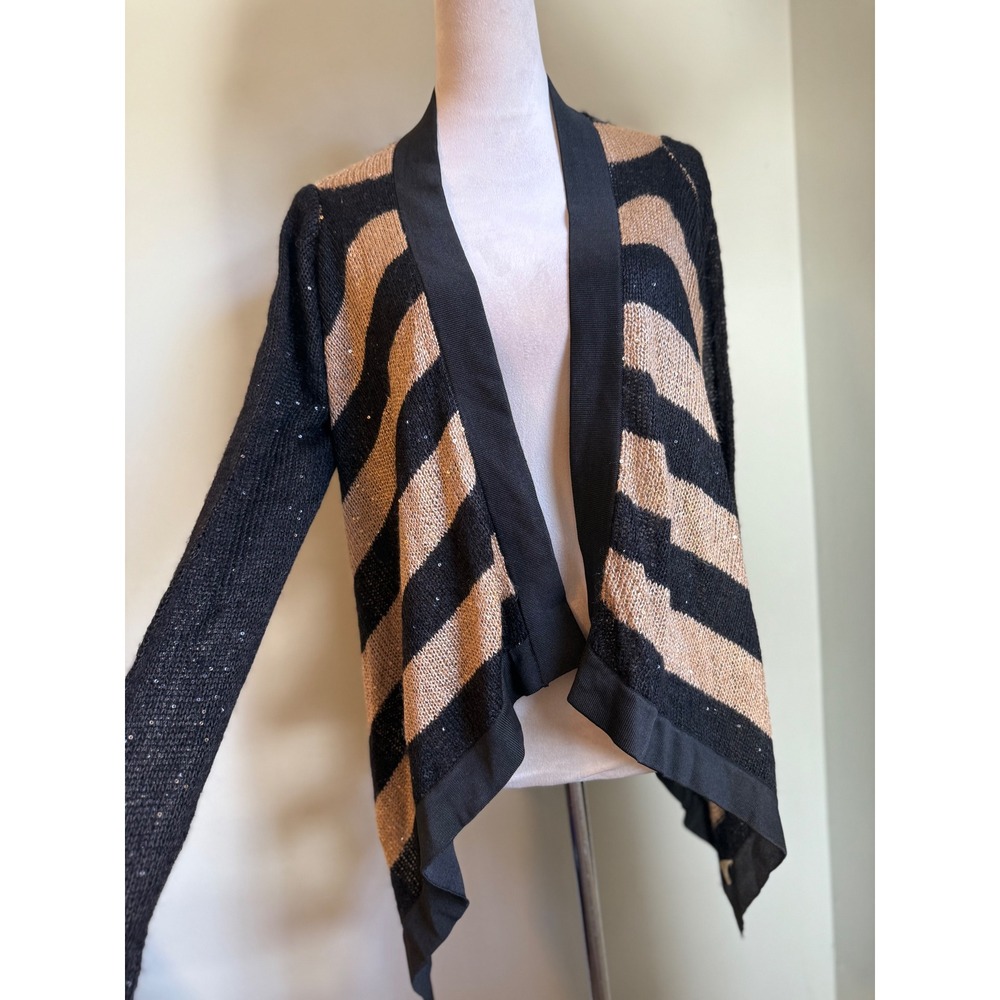 Dolce Cabo Black Gold Striped Sequined Open Front Cardigan Sweater SM boho y2k‎